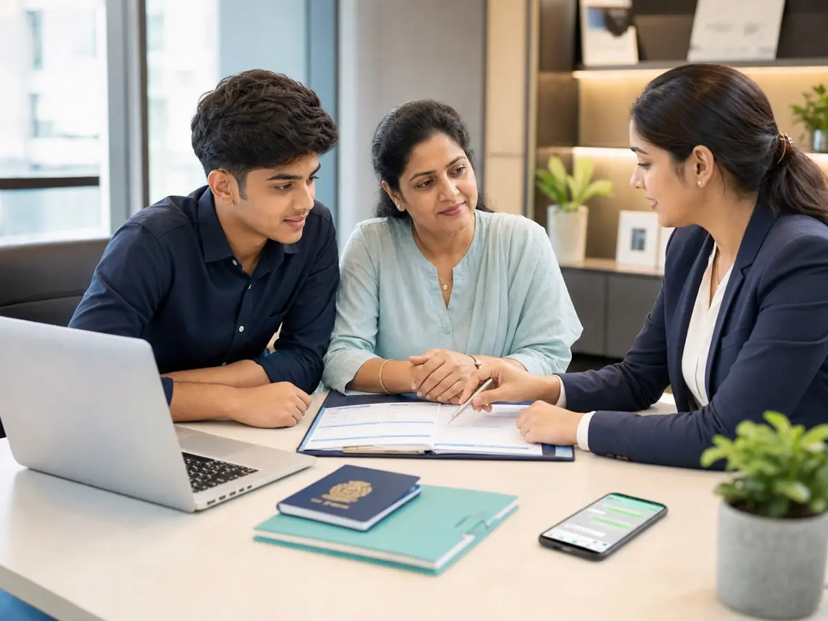 Student and parent speaking with an admissions counsellor